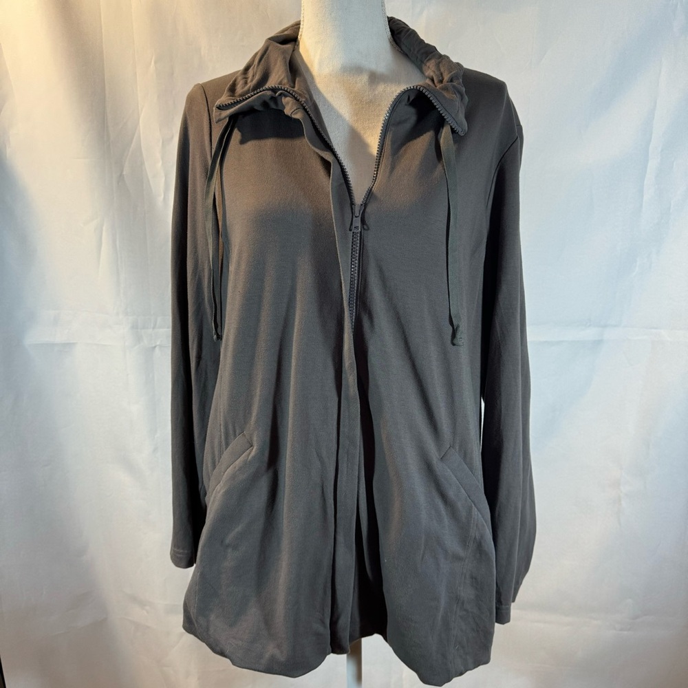 Eileen Fisher Jacket Organic Cotton Taupe Full Zip Drawstring Collar Women's M